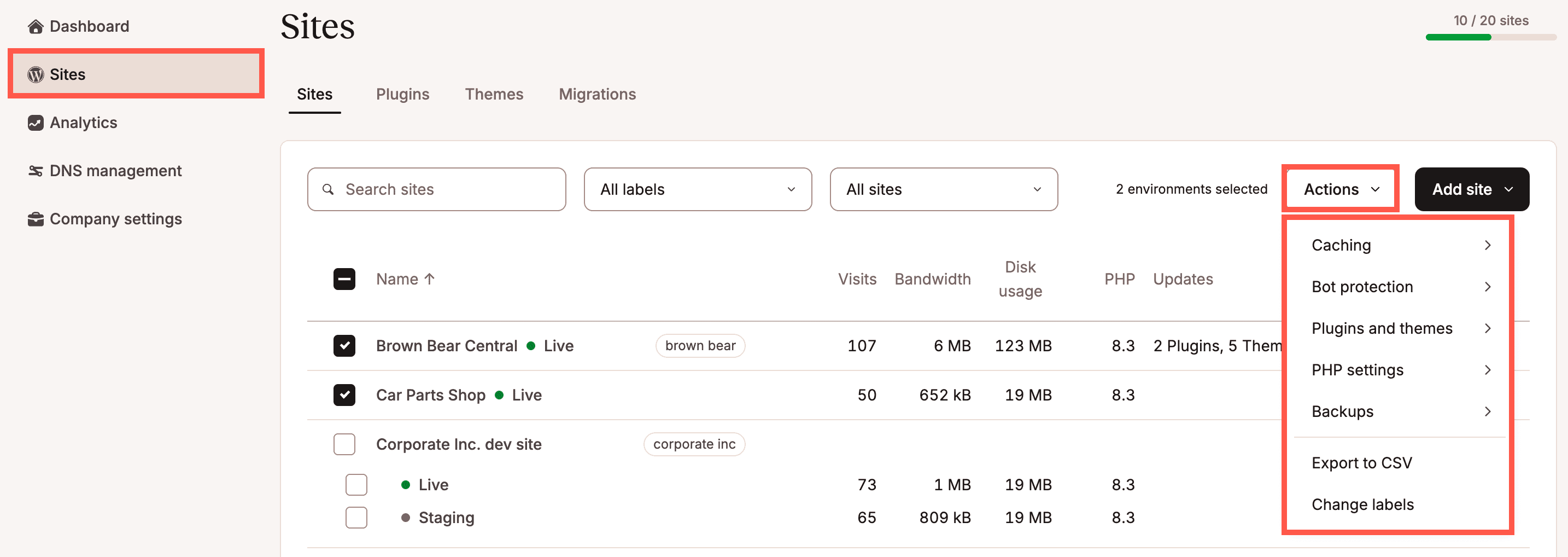Perform bulk actions for your WordPress environments from Sites.