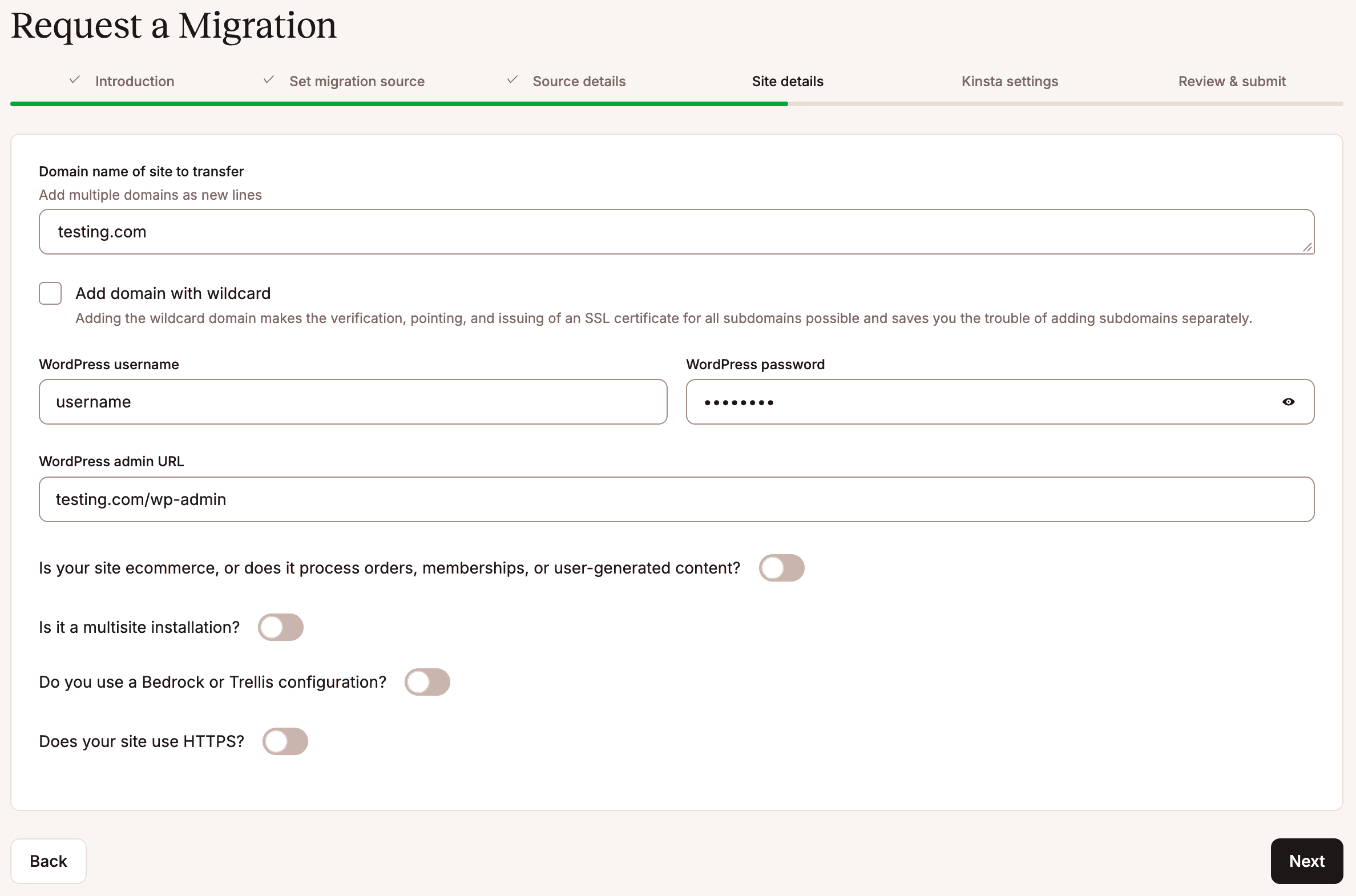 Complete the site details in your migration request.