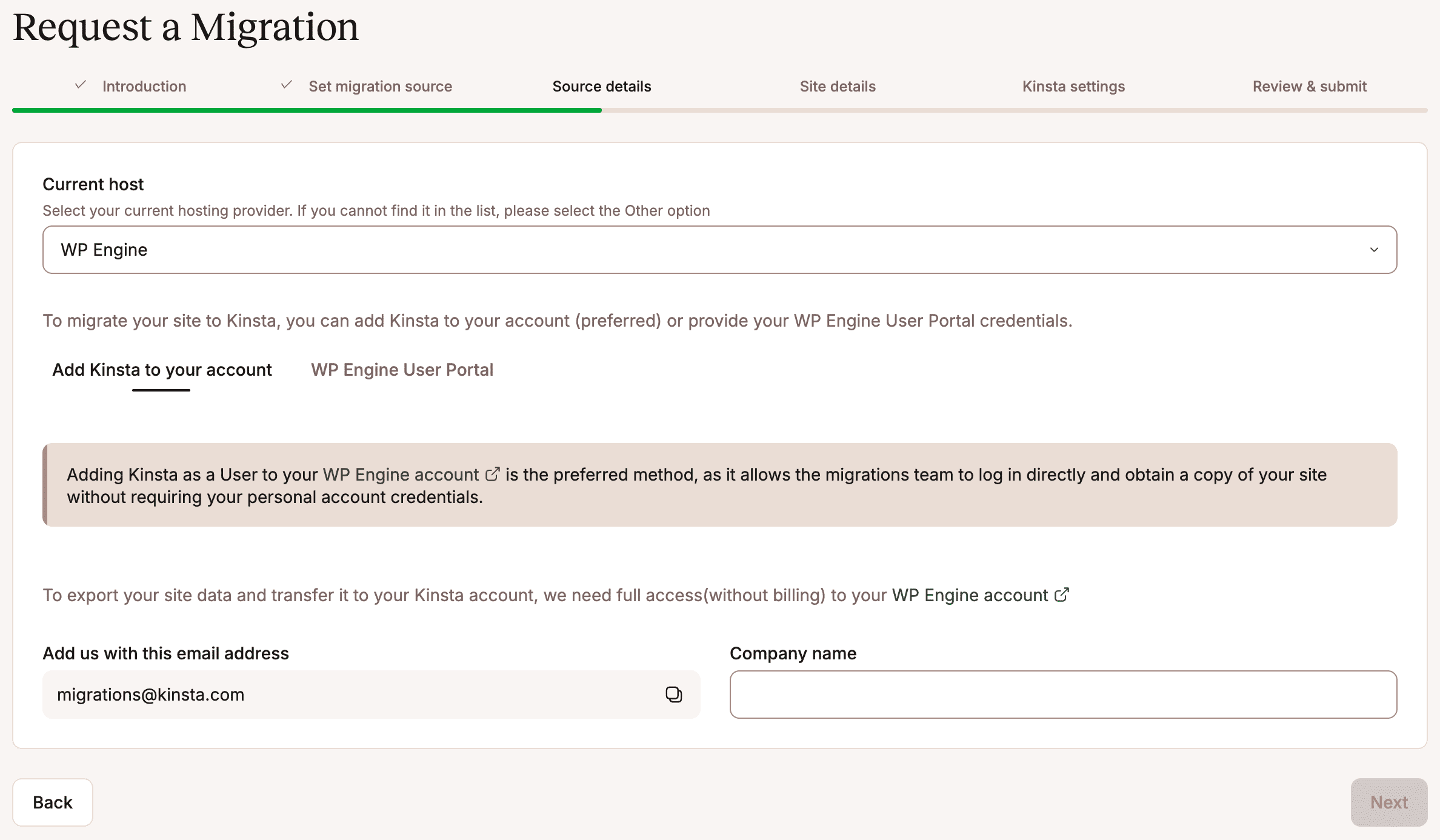 Add your source details to your migration request.