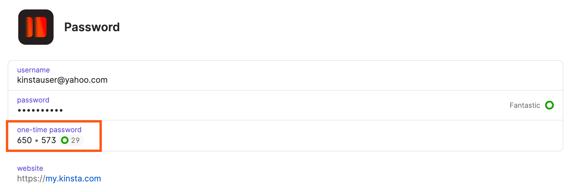 Una one-time password in 1Password.