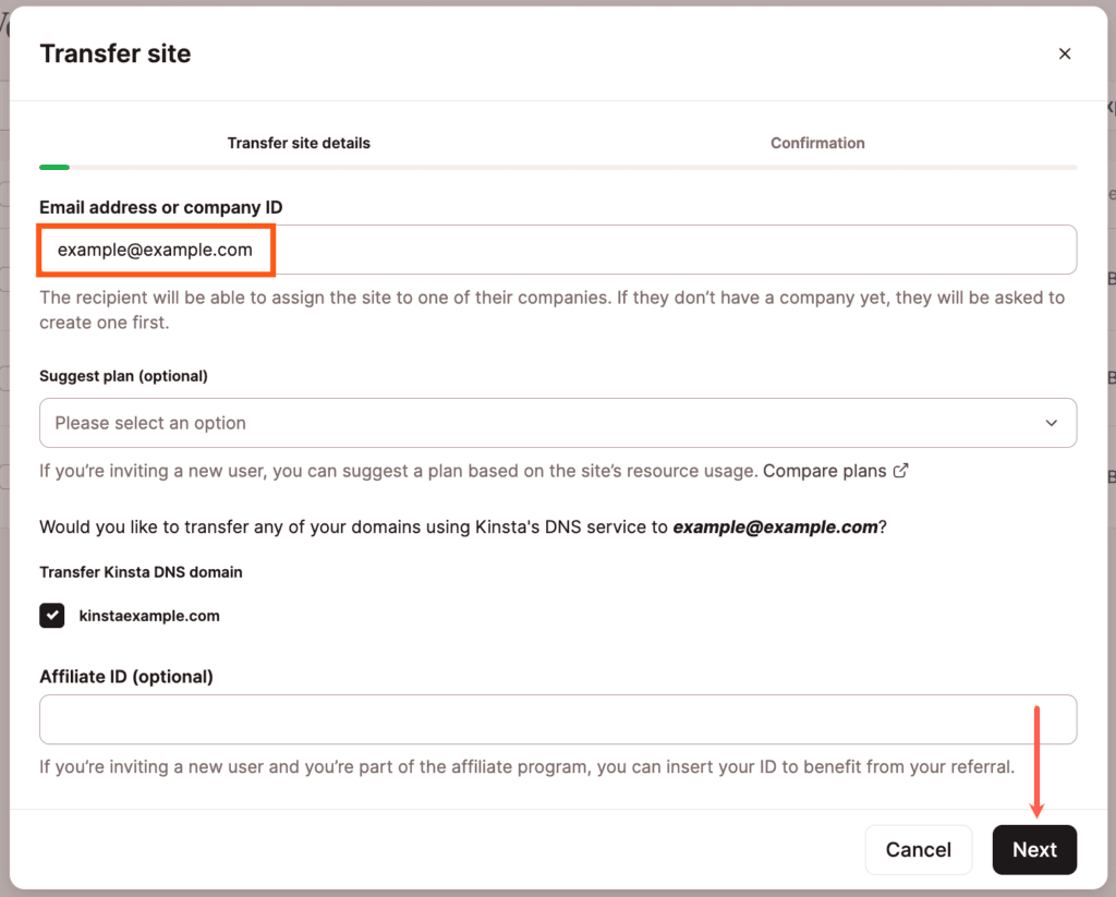 Enter the destination company ID and select the domains to transfer.
