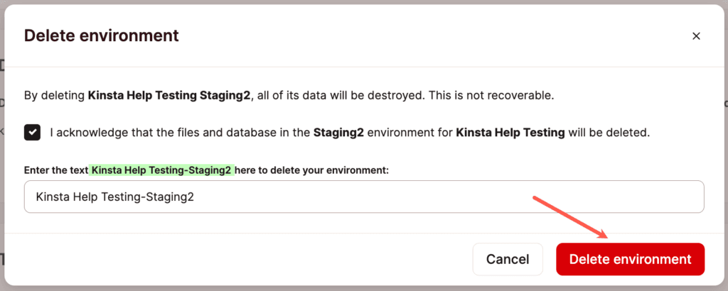 Eliminare un ambiente di staging in MyKinsta.“ width=