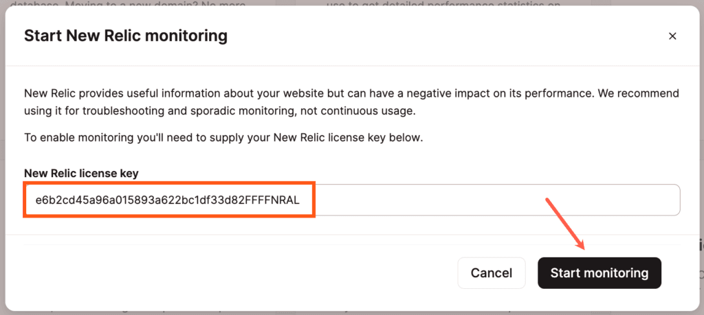 Aggiungere la chiave di licenza New Relic.