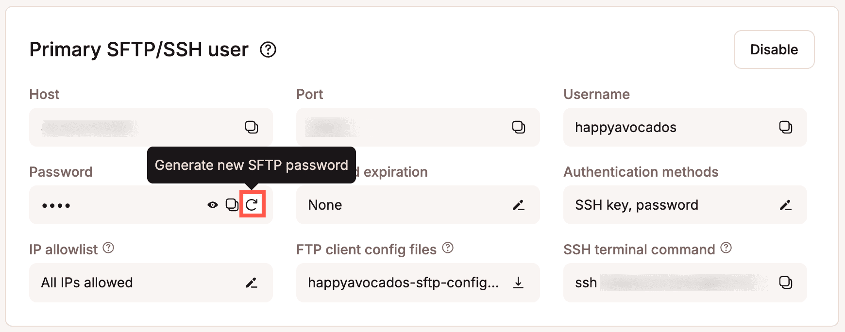 Generate a new primary SFTP/SSH user password for your WordPress site.