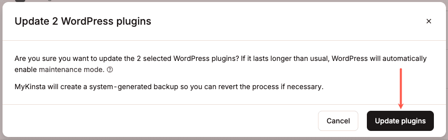Conferma degli aggiornamenti dei plugin.