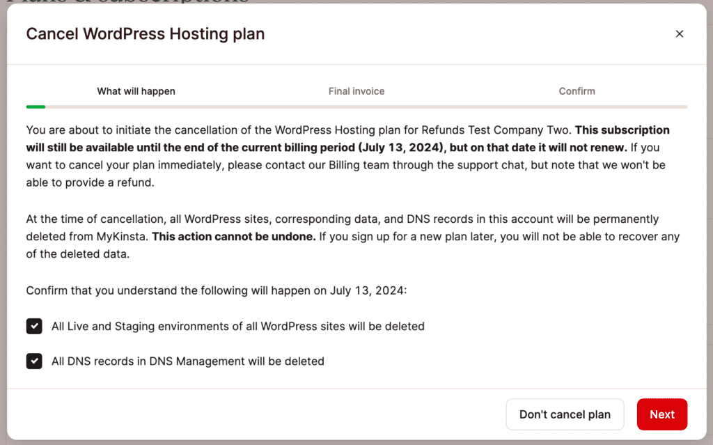 Acknowledge all data will be deleted to cancel your plan.