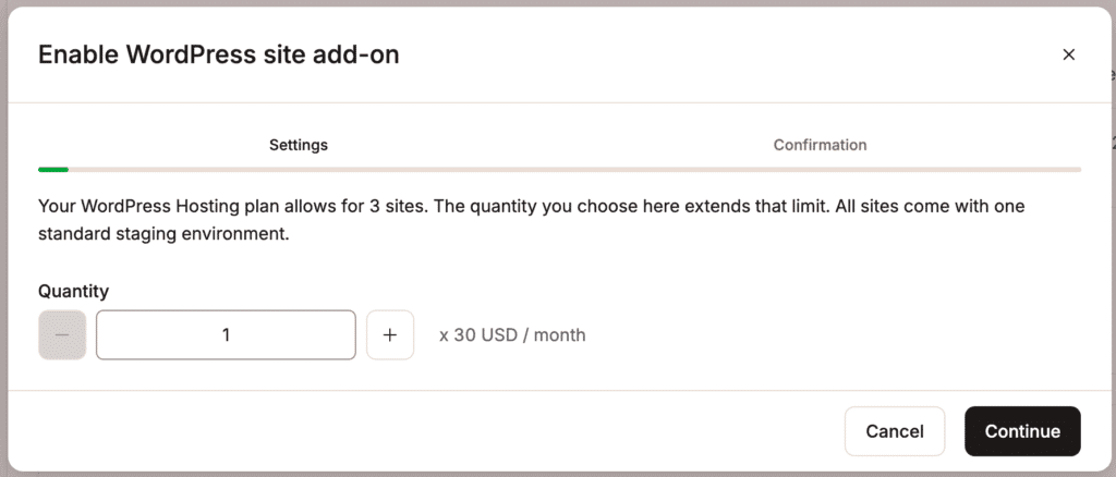 Informe a quantidade de sites WordPress adicionais que deseja adicionar.