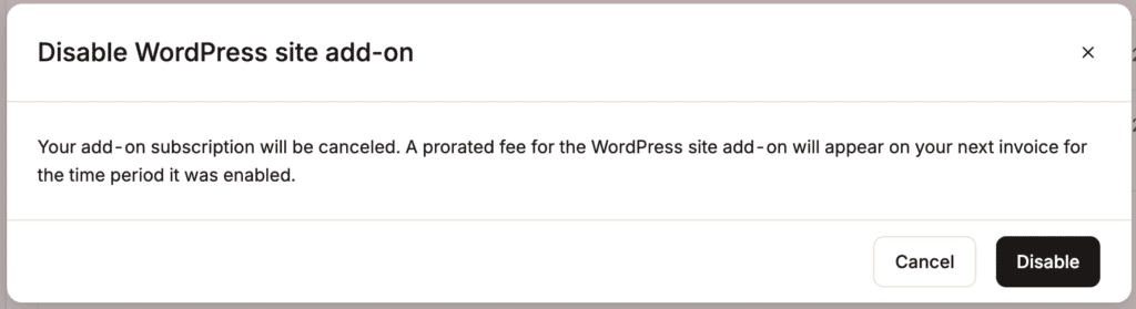 Confirmar que deseja desabilitar o complemento de site WordPress.