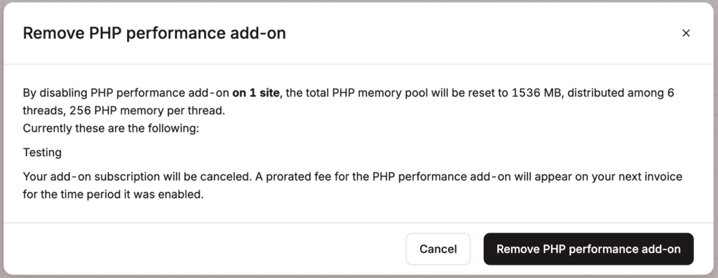 Confirmar a remoção do complemento de desempenho do PHP de todos os sites.