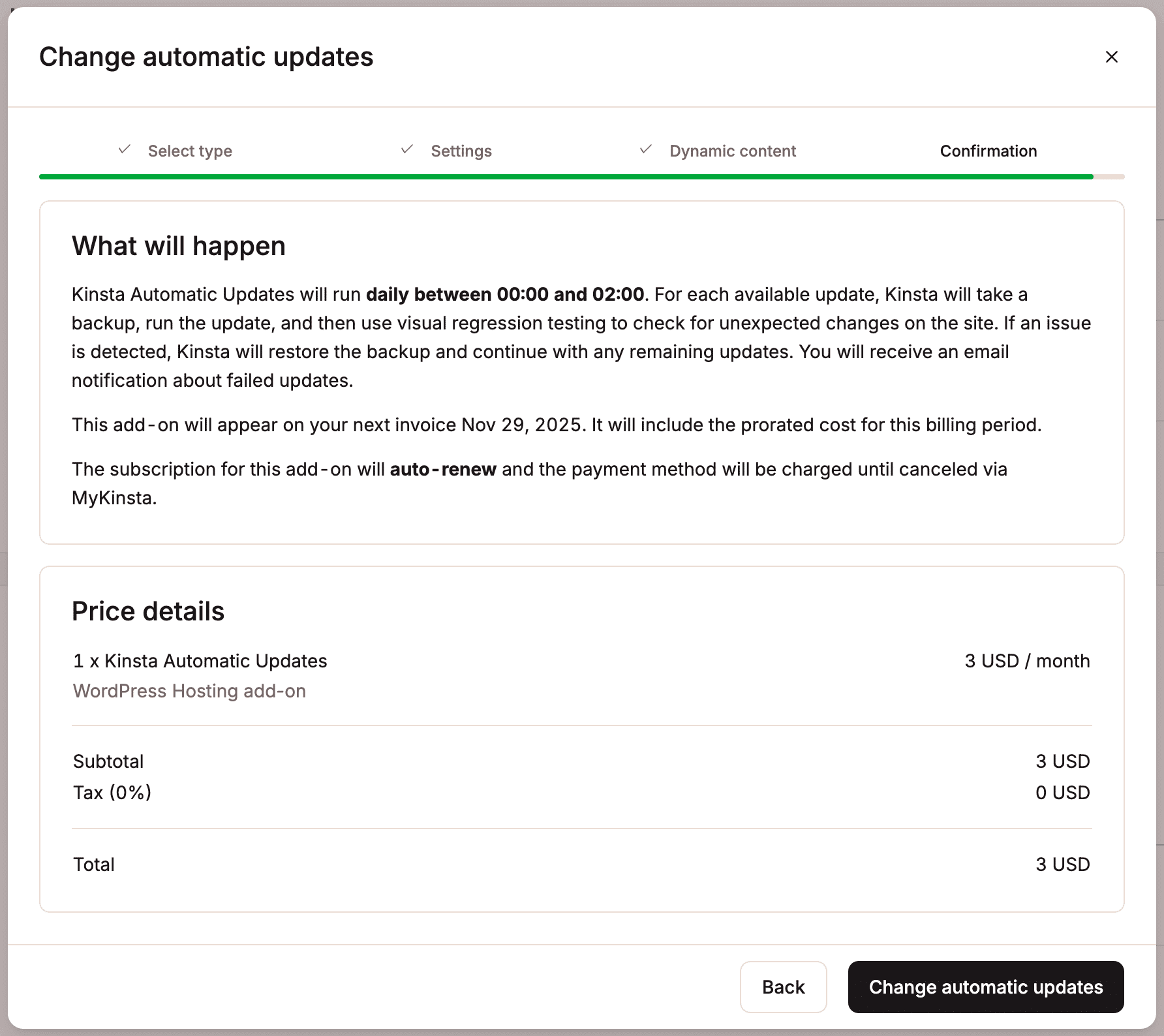 Informações de cobrança das Atualizações Automáticas da Kinsta.