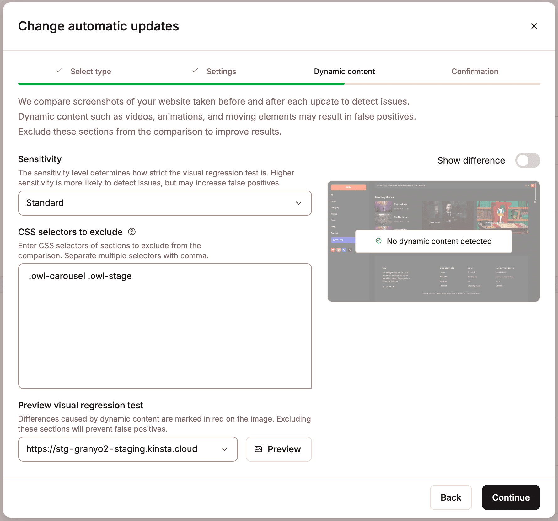 Configurações de conteúdo dinâmico nas atualizações automáticas.