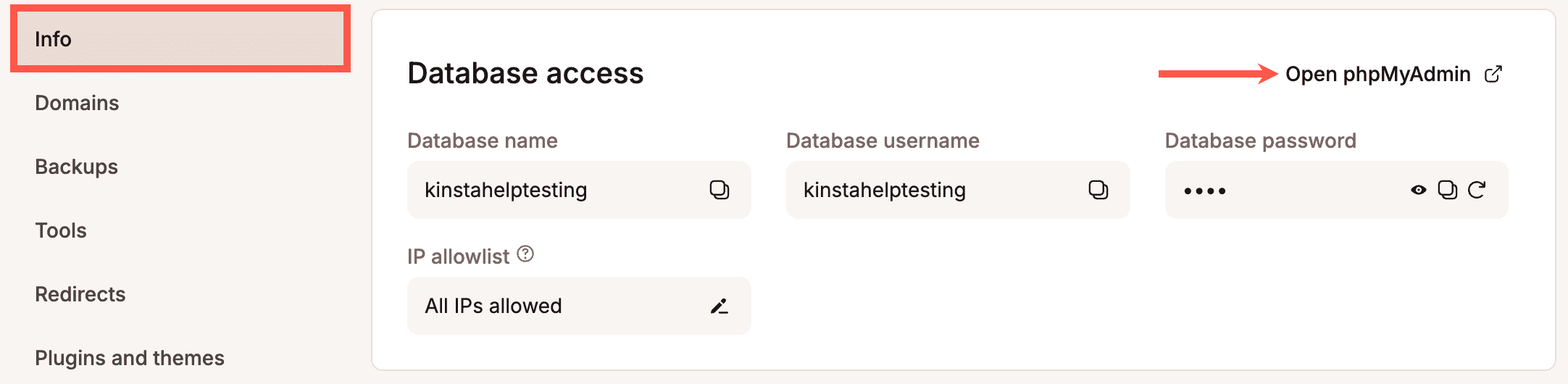 Aprire phpMyAdmin da MyKinsta.