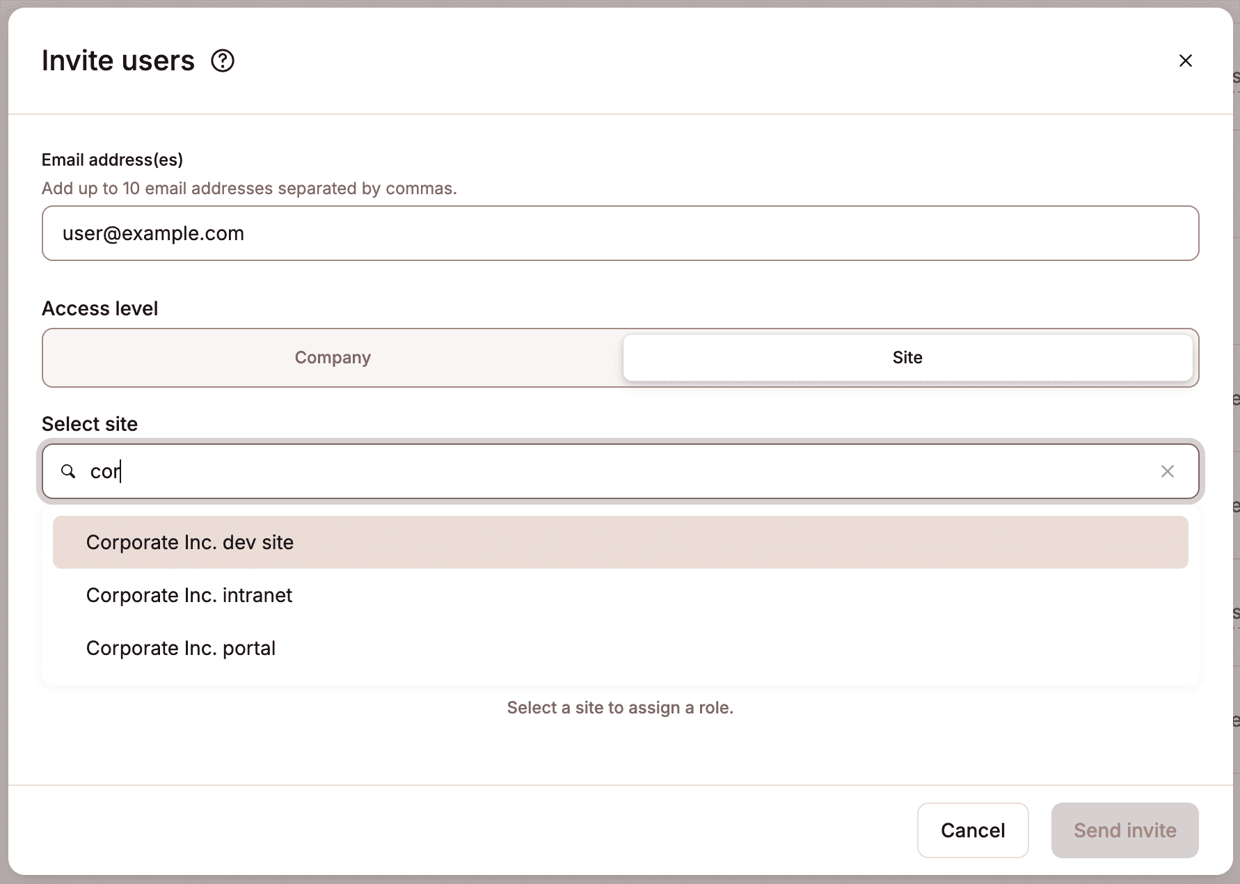 Escolha o site ao qual deseja conceder acesso ao usuário.