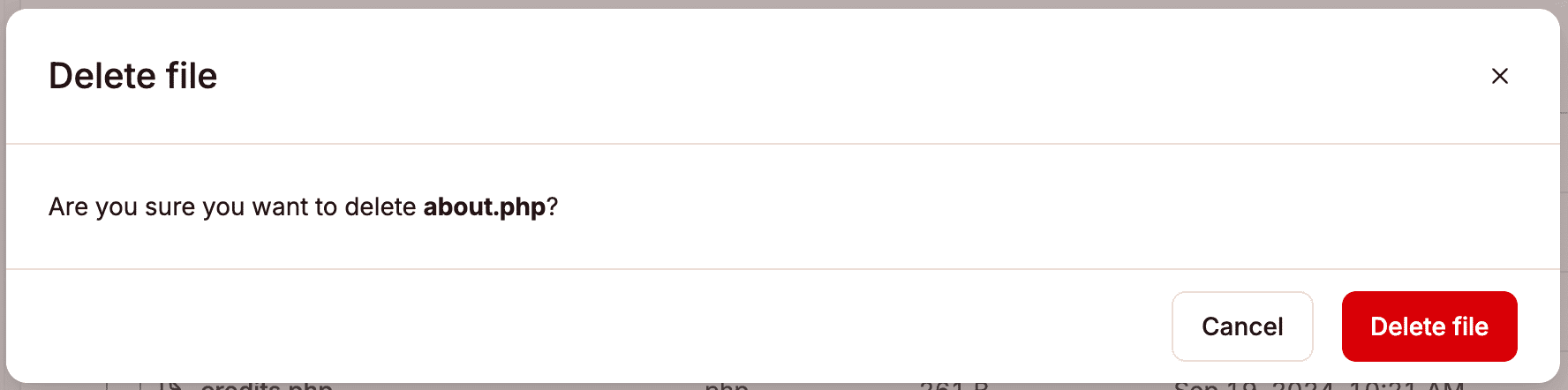 Eliminare un file nel file manager di MyKinsta.