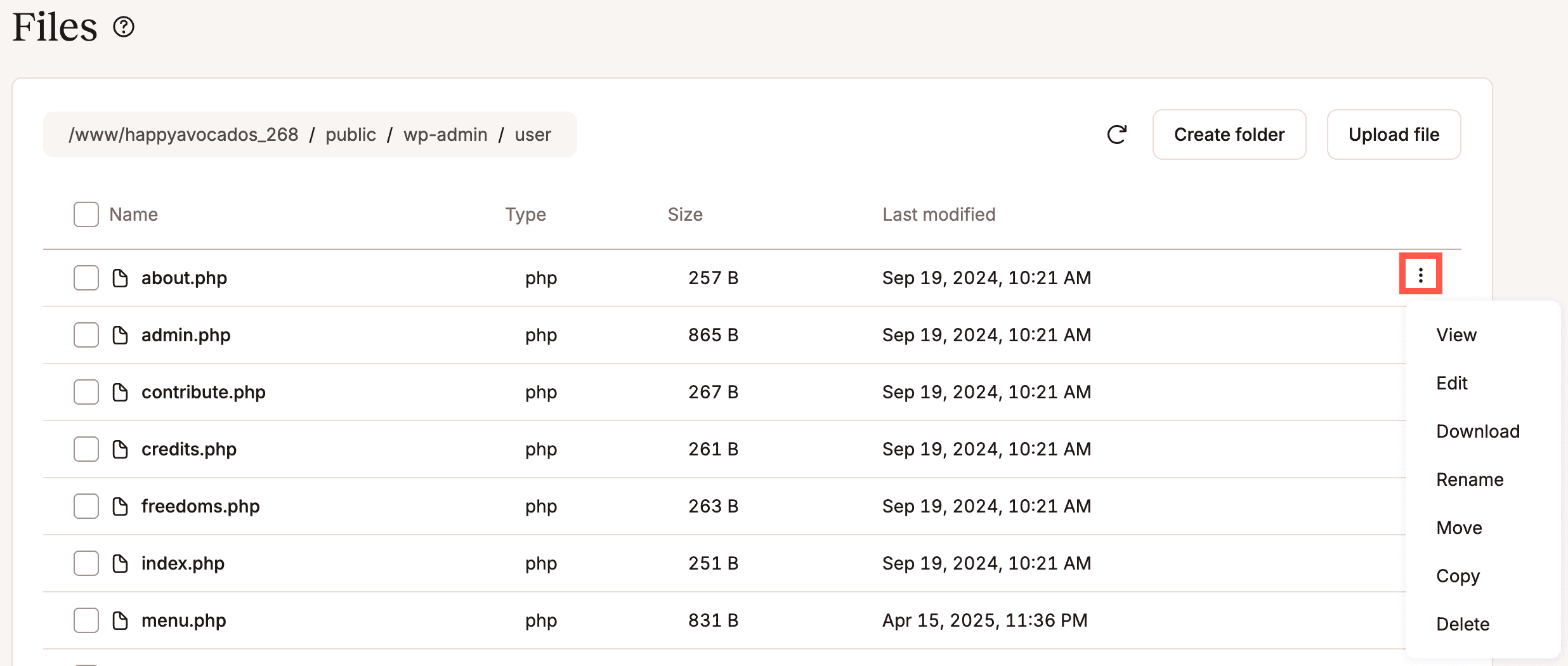 Visualizza, modifica, scarica, rinomina, sposta, copia o elimina un file WordPress nel file manager di MyKinsta.
