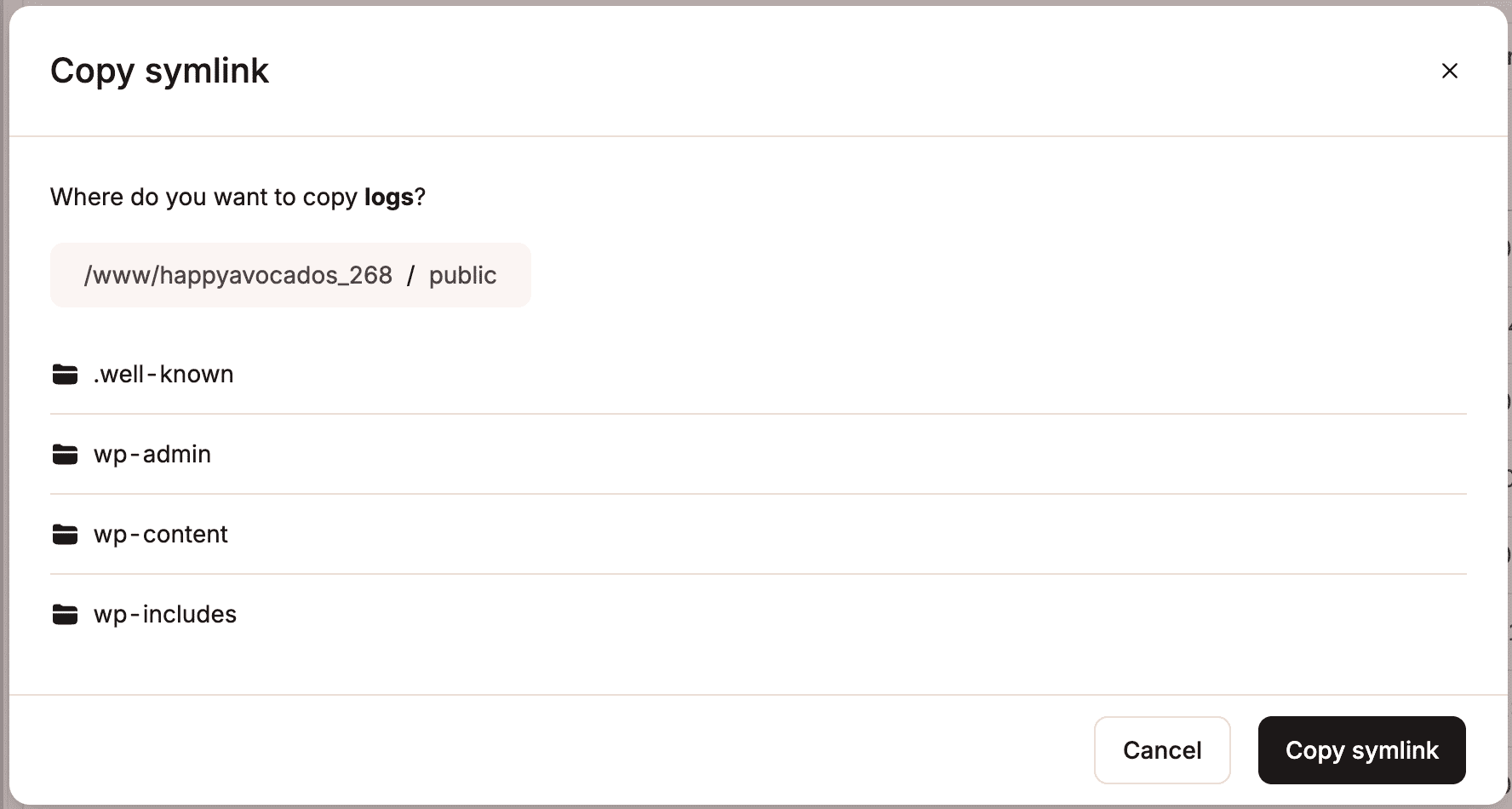 Copiare un symlink nel file manager di MyKinsta.