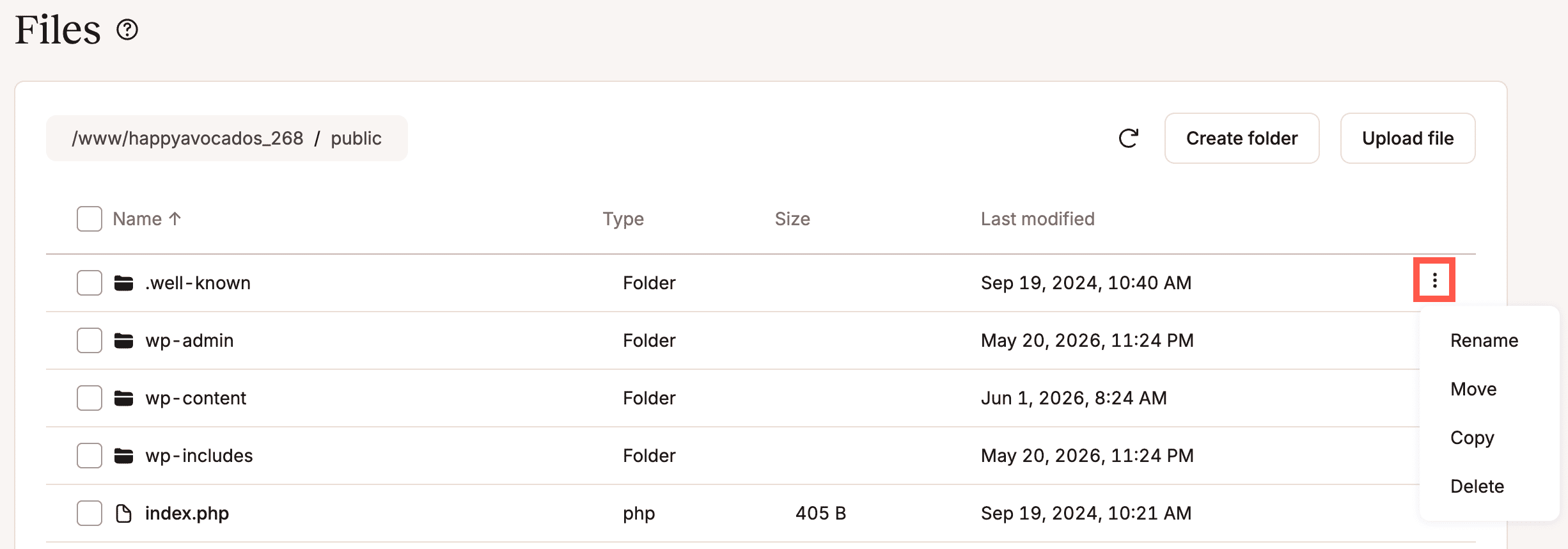 Rinomina, sposta, copia o elimina una cartella di WordPress nel file manager di MyKinsta.