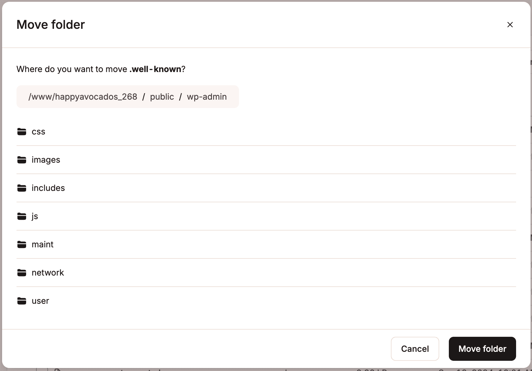 Spostare una cartella nel file manager di MyKinsta.