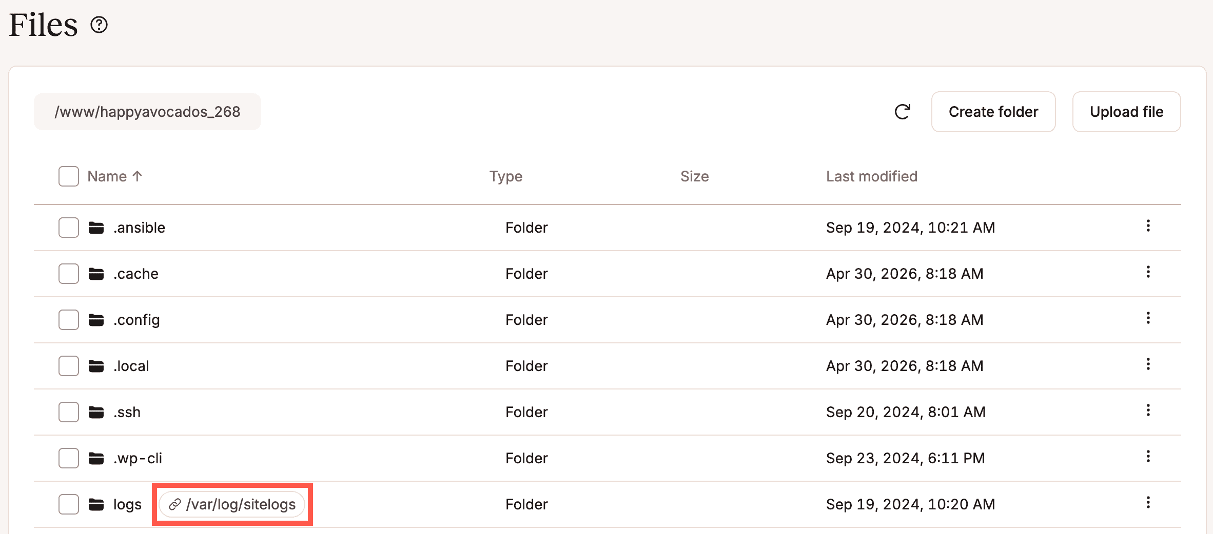 Symlink nel file manager di MyKinsta.