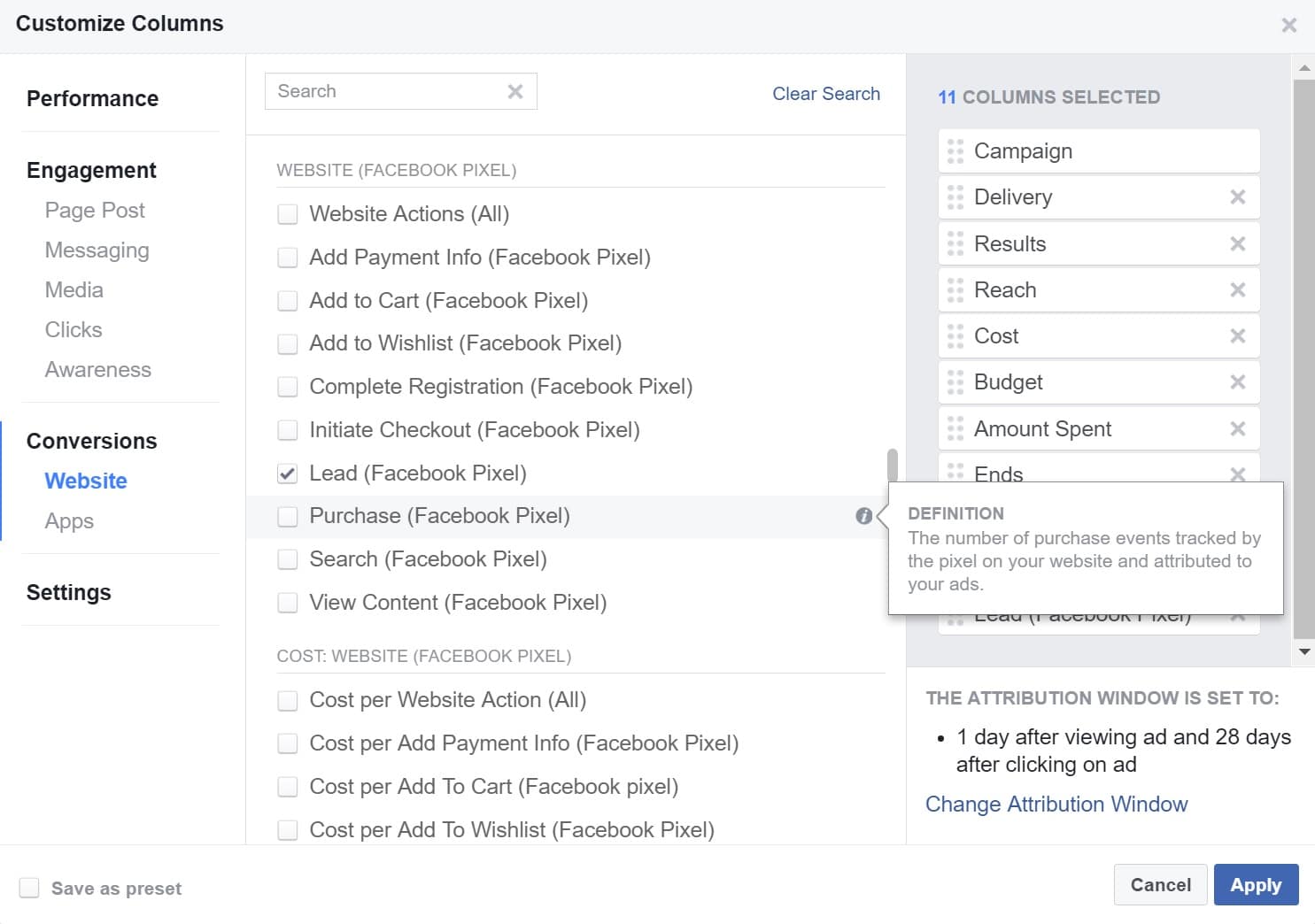 Facebook ads manager purchase column Facebook Ads Manager Kaufspalte