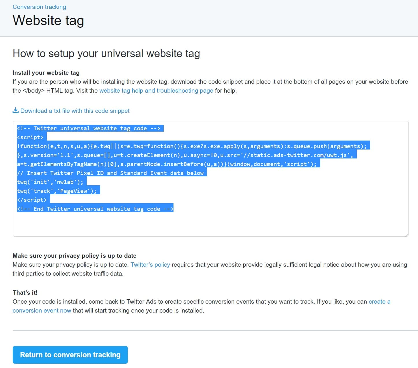 Twitter pixel tag Twitter Pixel Tag