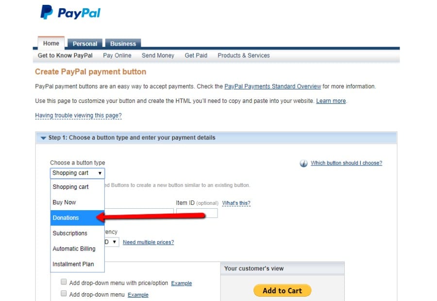 Choose Donations button type Details zur PayPal-Spenden-Schaltflächeq
