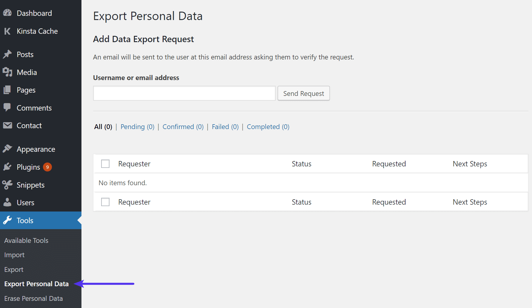 Export personenbezogener Daten in WordPress