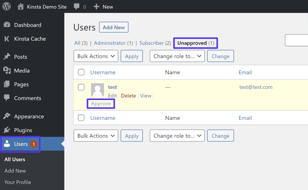 User mit dem WP Approve User Plugin genehmigen