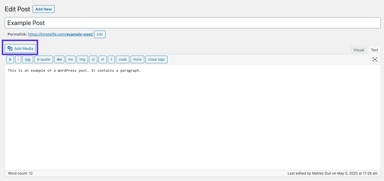 Classic Editor Add Media Button