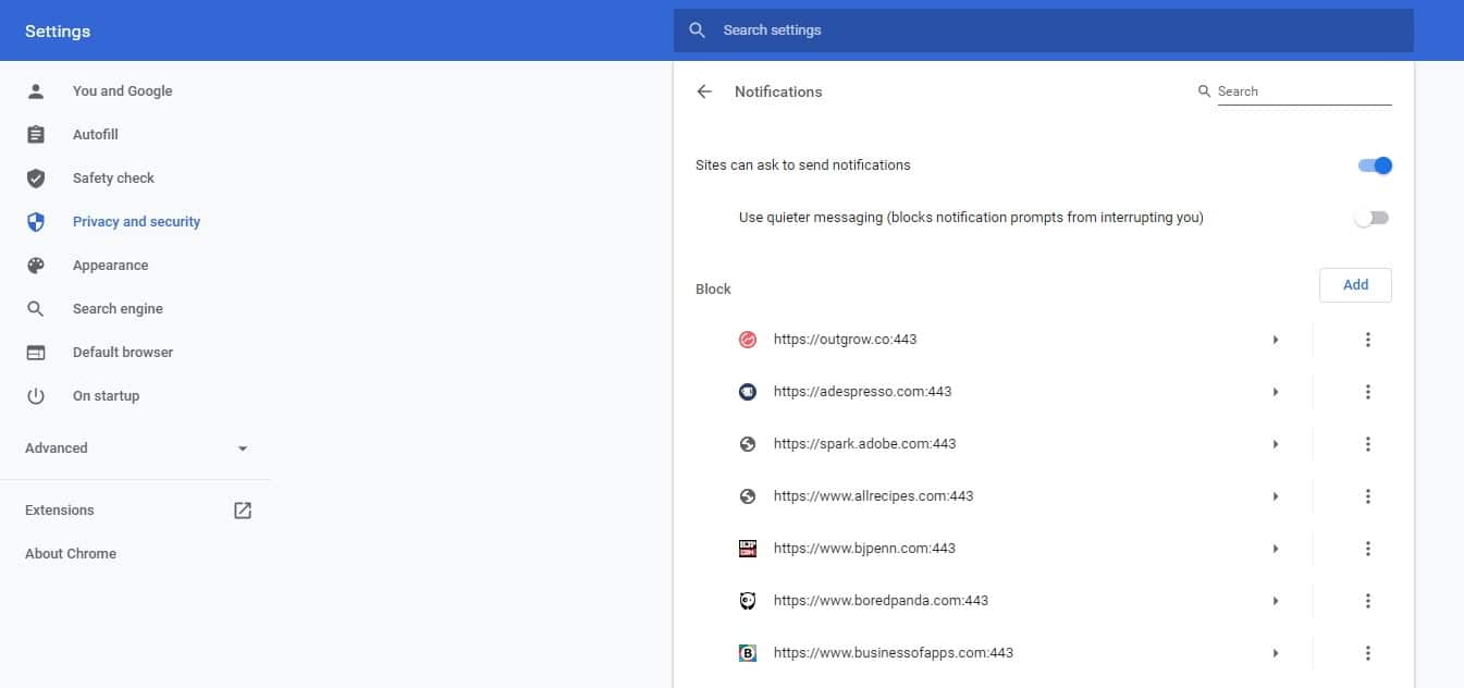 Benachrichtigungen von Webseiten blockieren
