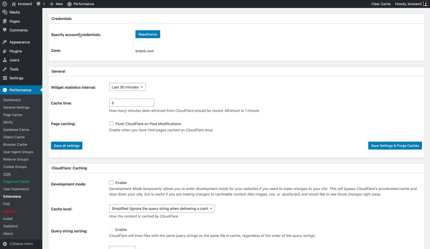 Cloudflare-Einstellungen in W3 Total Cache Einstellungen.