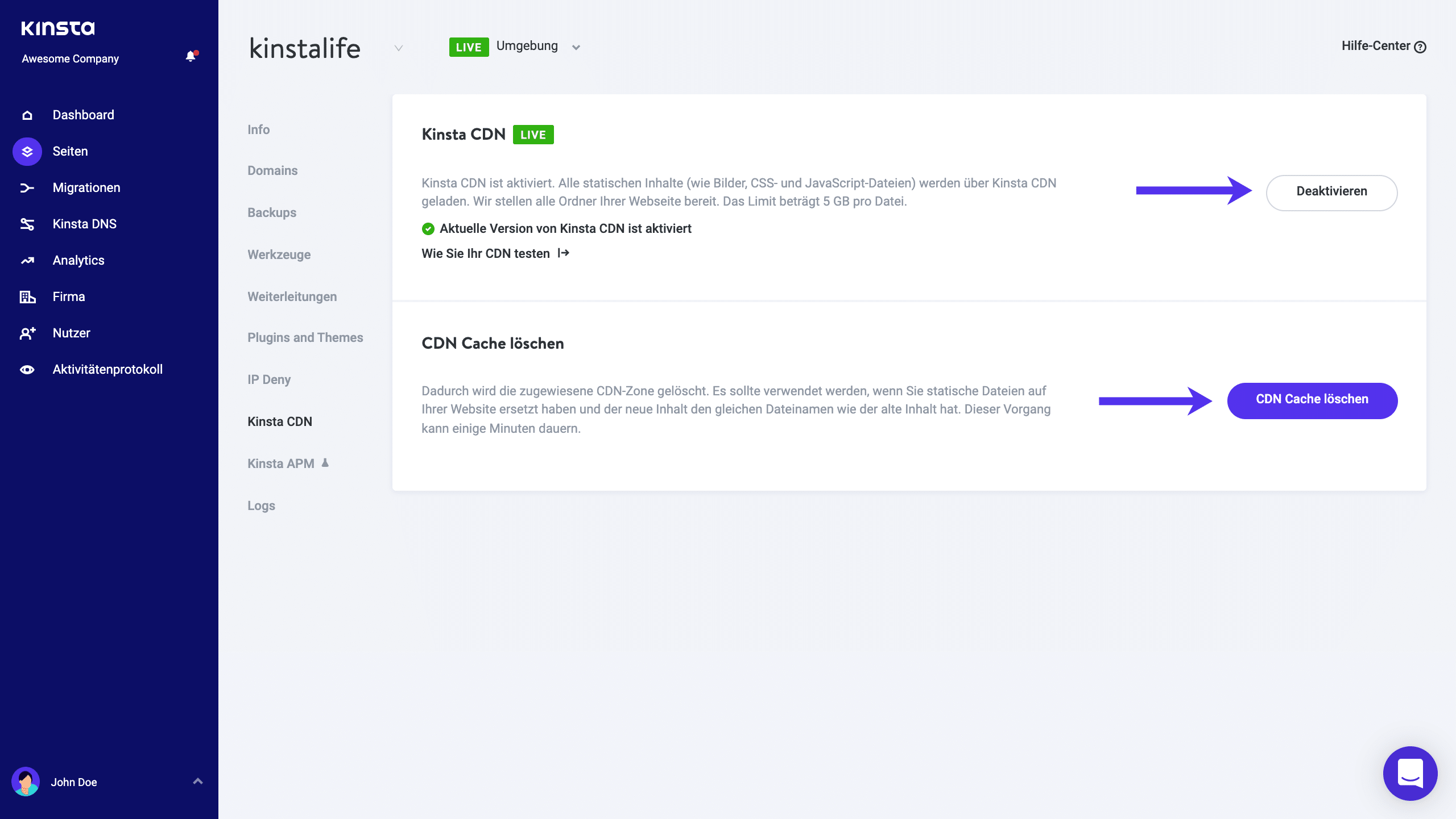 Kinsta CDN Einstellungen in MyKinsta.