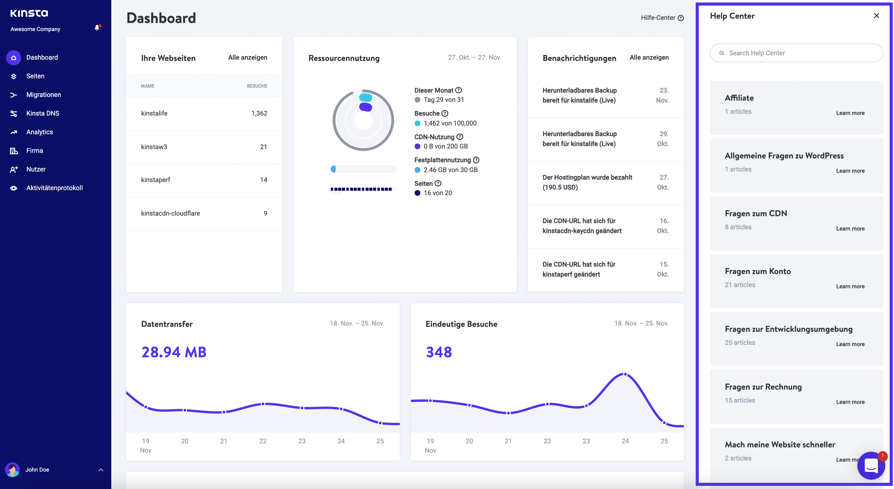 Das Hilfecenter zeigt eine Liste der Kategorien an, wenn du in MyKinsta bist.