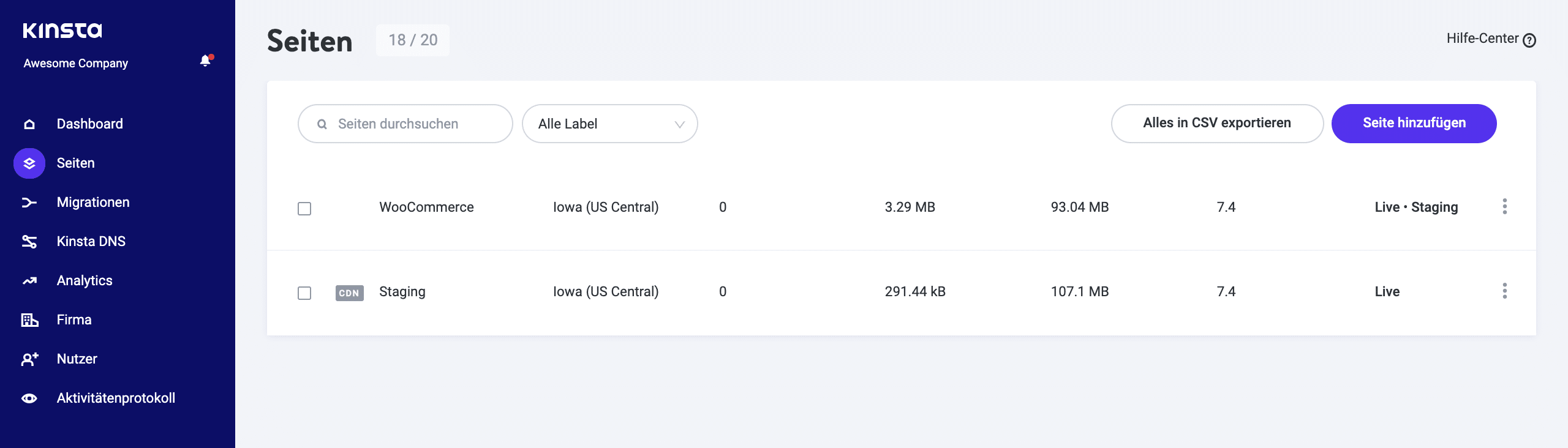 Wähle im Dashboard von MyKinsta