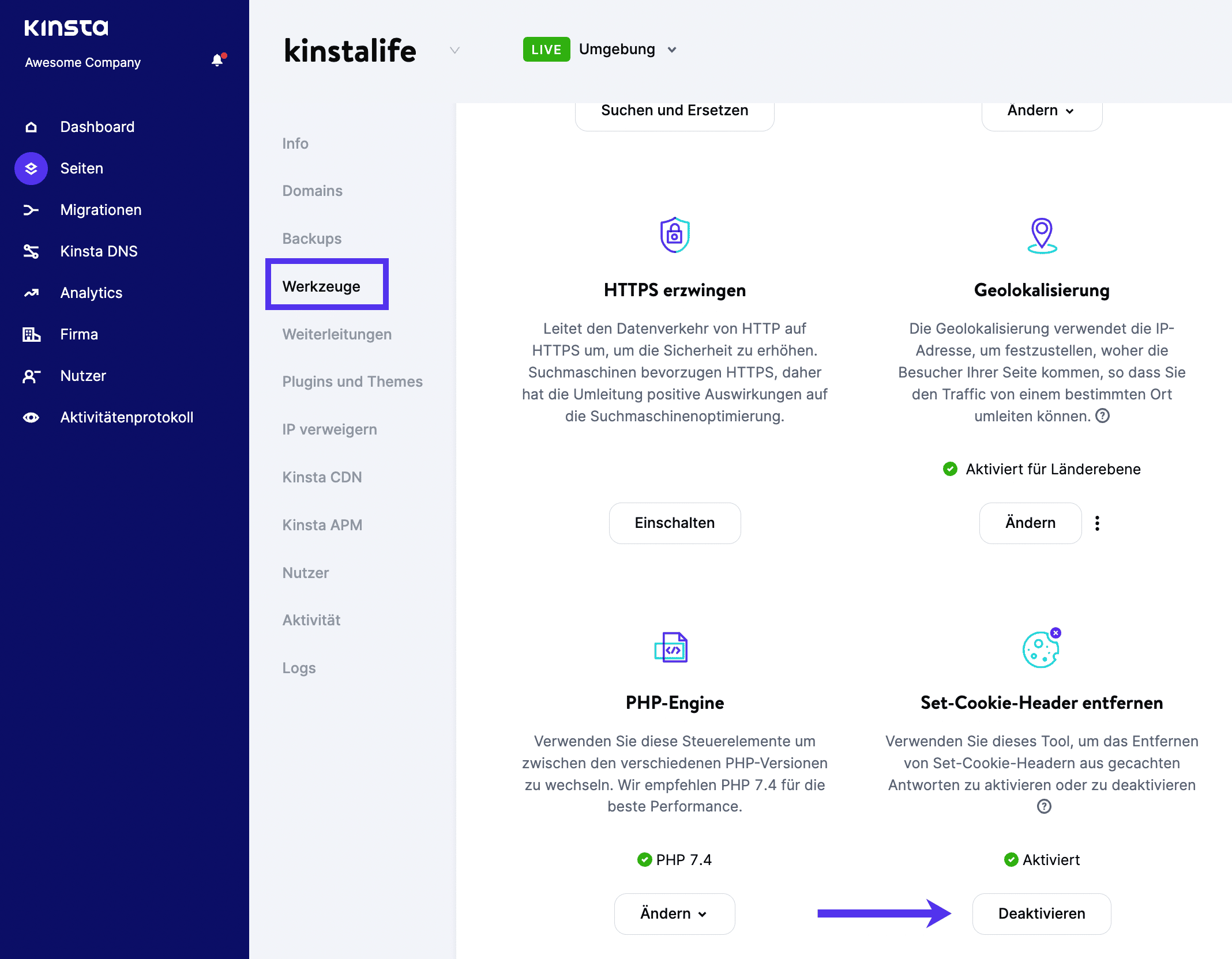 Das Dashboard von MyKinsta zeigt ein hervorgehobenes Feld um die Option 