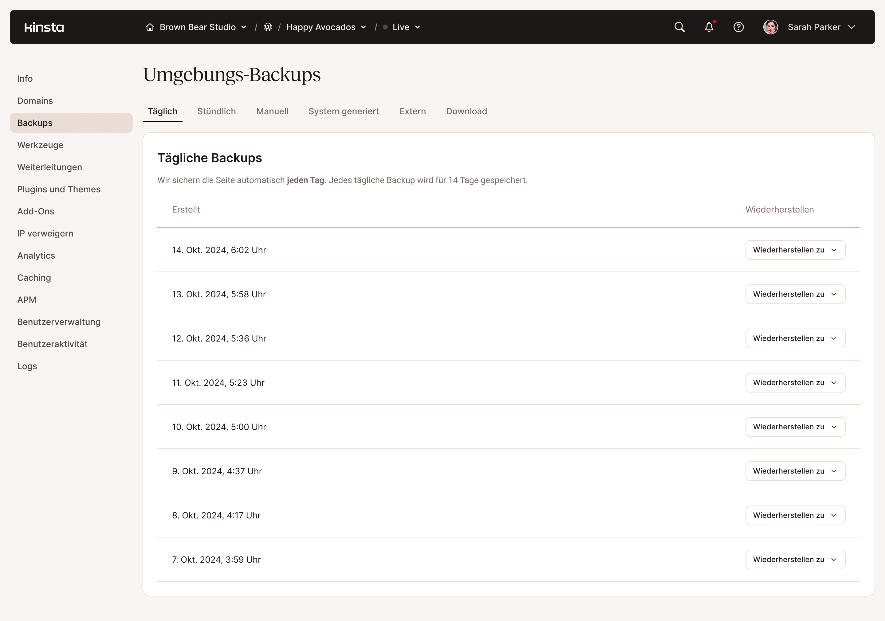 Konfigurationspanel für Backups von Webhosting-Umgebungen