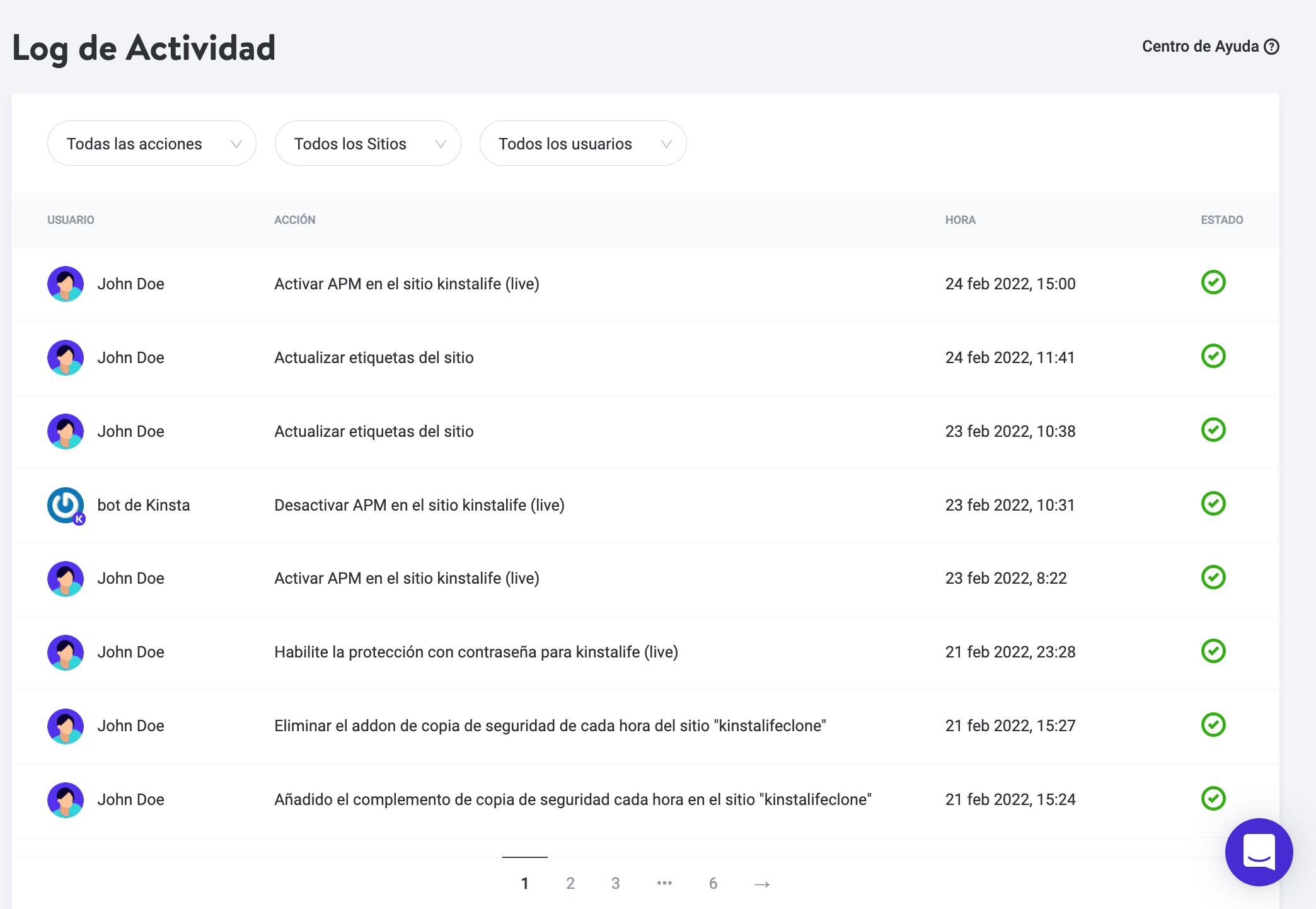Kinsta Activity Log
