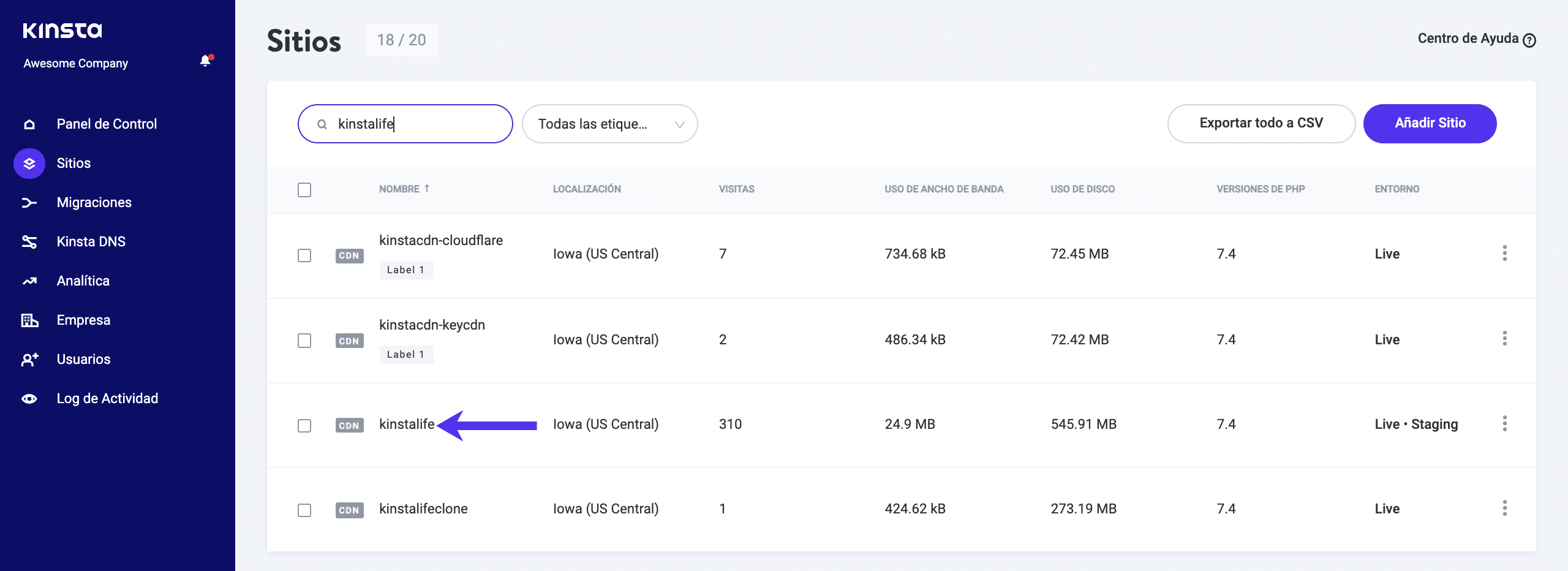 Un sitio clonado en MyKinsta.