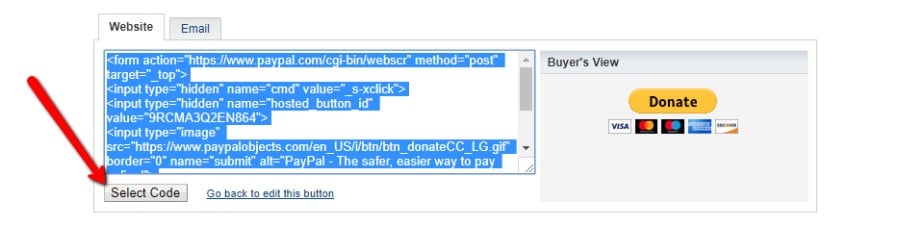 Copiar el código del botón de donativo de PayPal