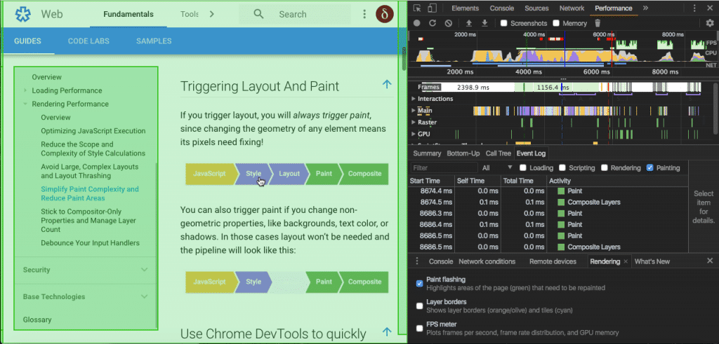 Chrome DevTools permite identificar las partes de la página que están siendo pintadas