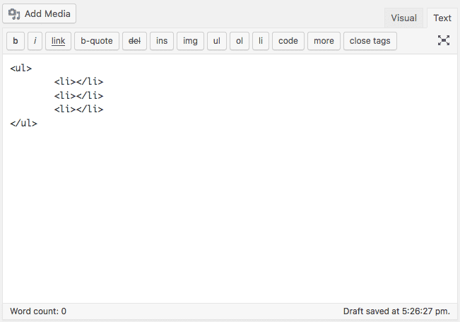 La imagen muestra los botones predeterminados del editor de texto de WordPress