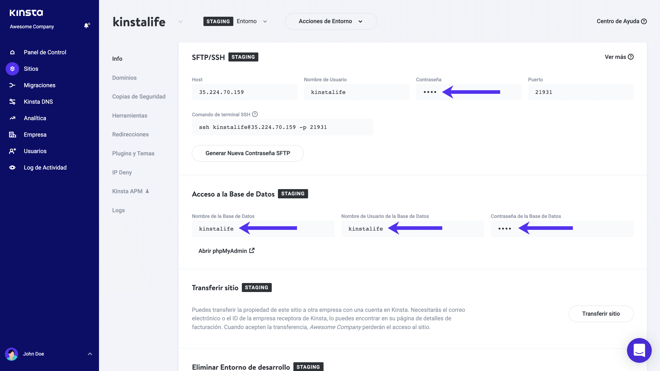 SFTP y credenciales de la base de datos en MyKinsta.
