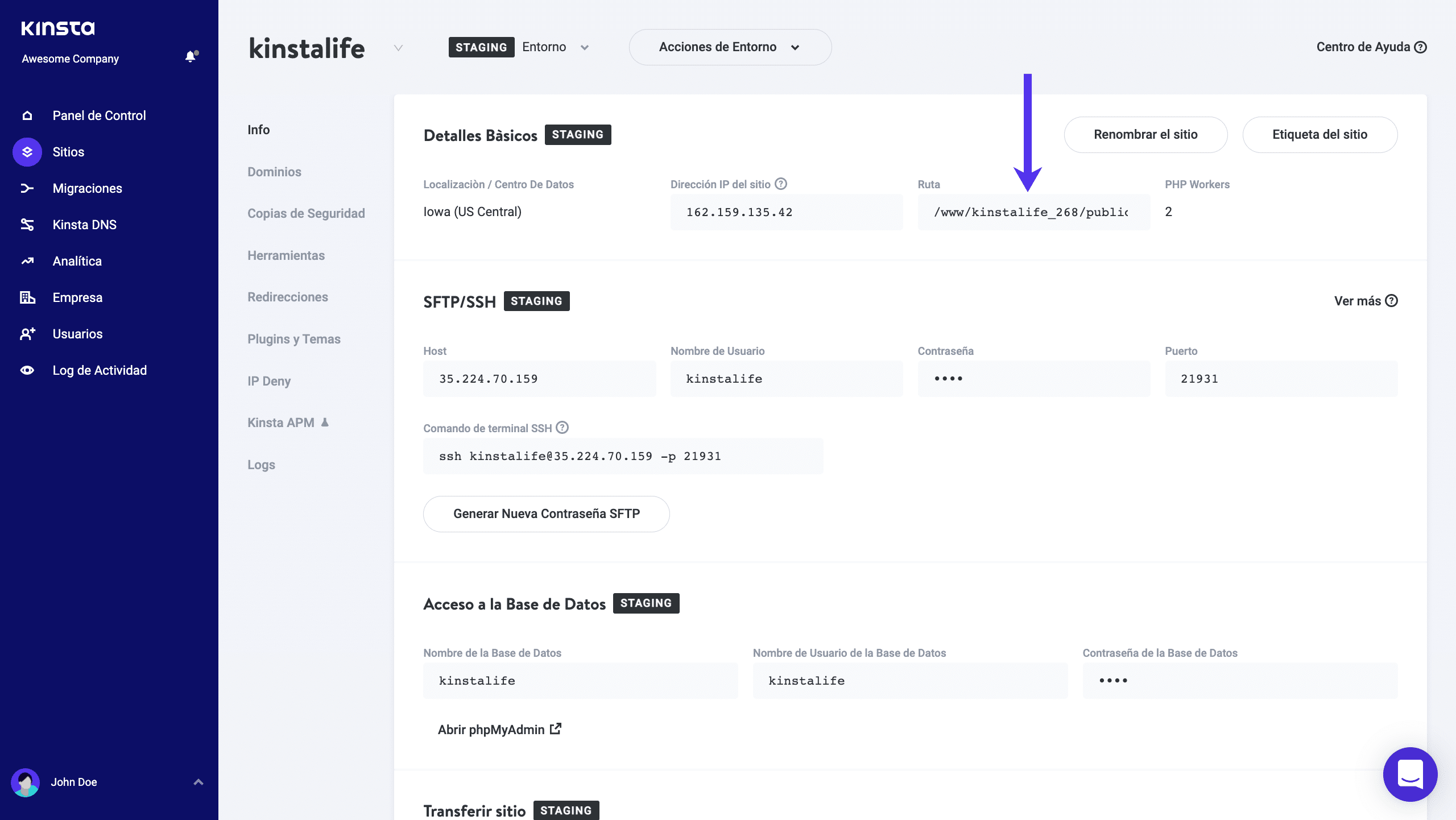 Encuentra tu raíz pública en MyKinsta.