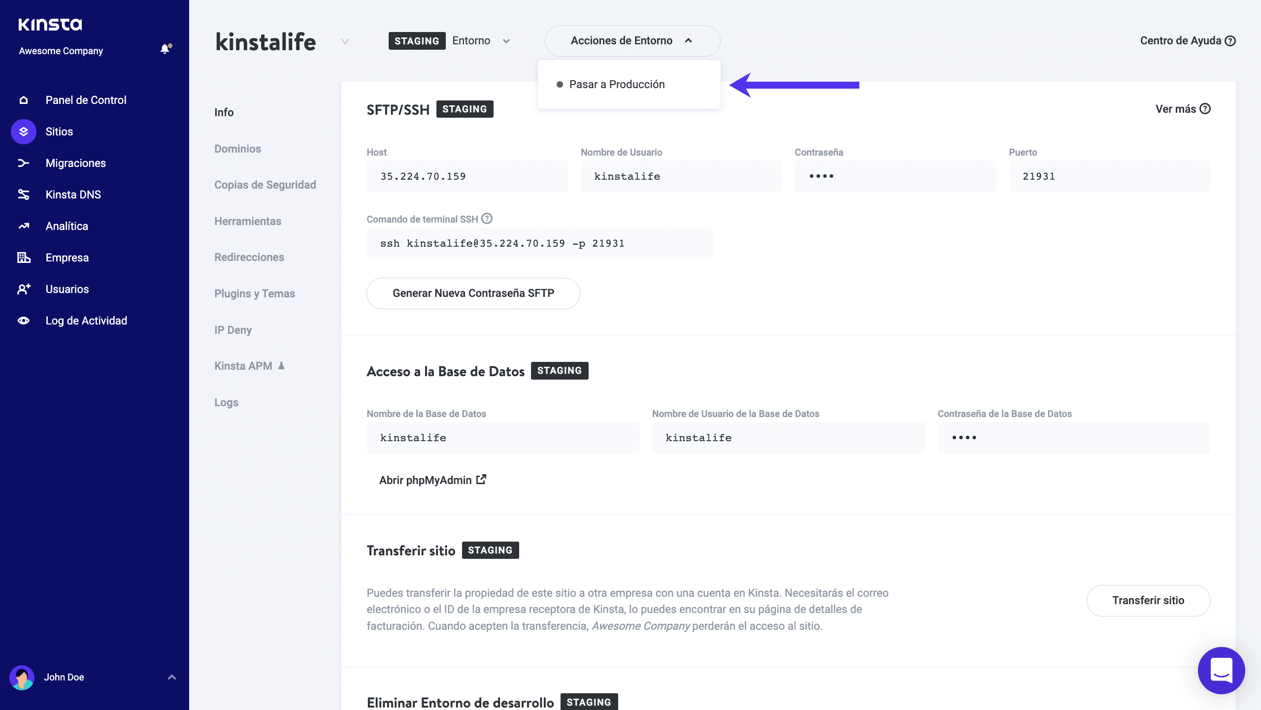 Cambia al entorno en vivo en MyKinsta.