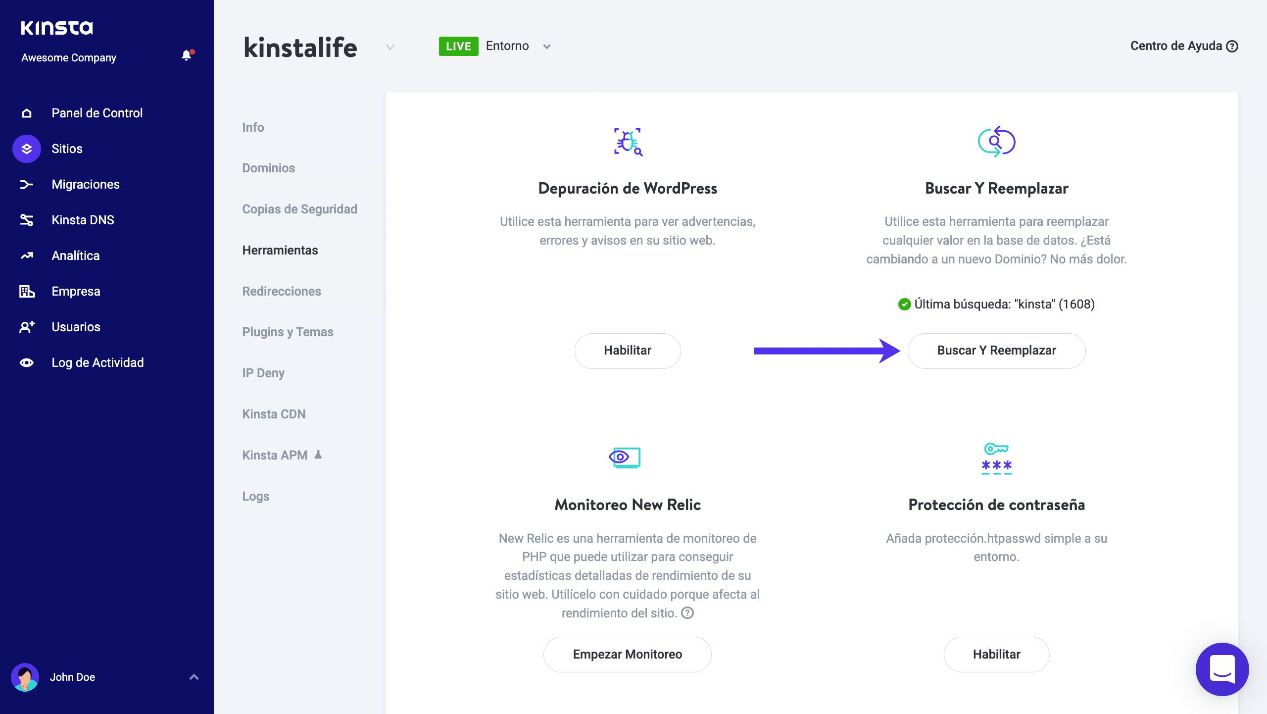 La herramienta Buscar y Reemplazar en MyKinsta