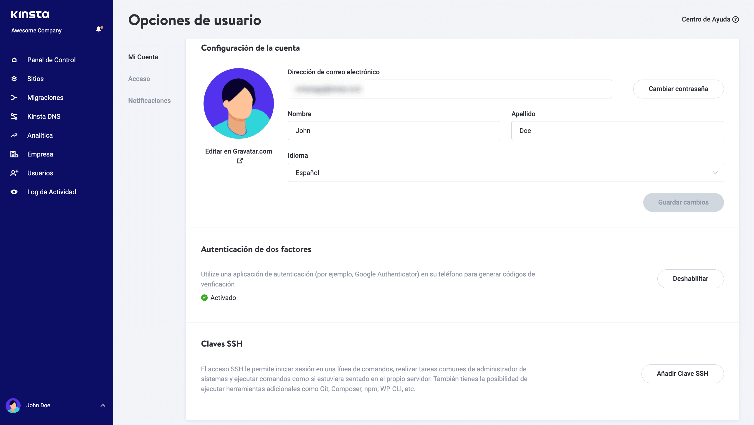 Ajustes en MyKinsta