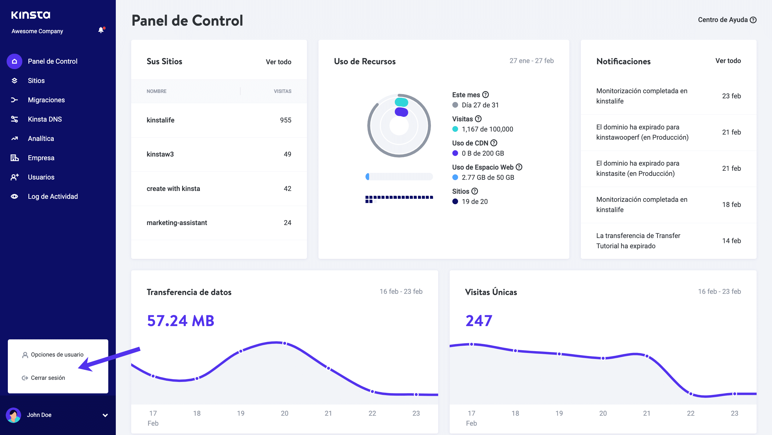 MyKinsta ajustes y logout