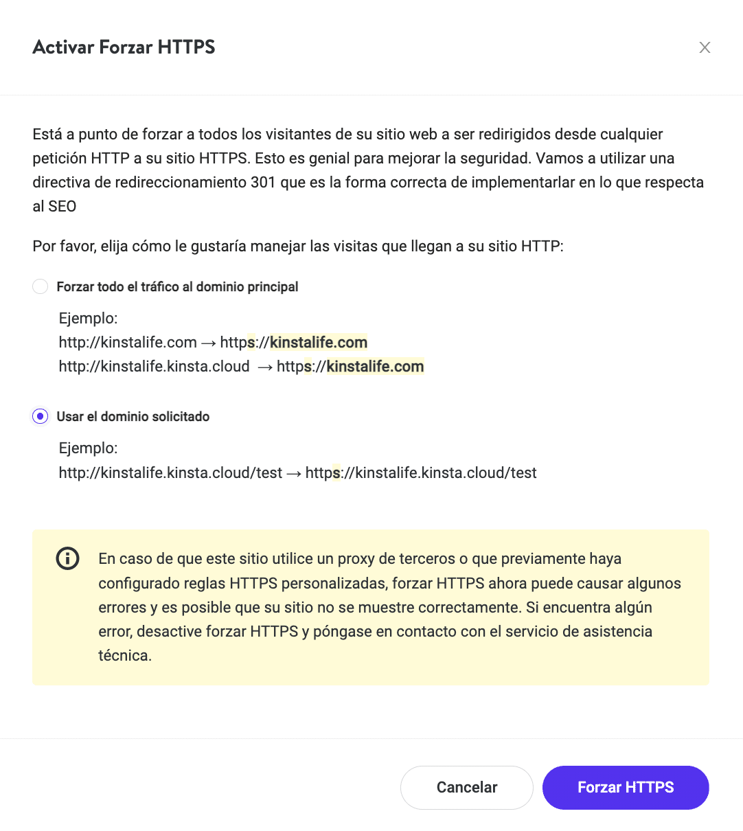 Opciones de forzar HTTPS