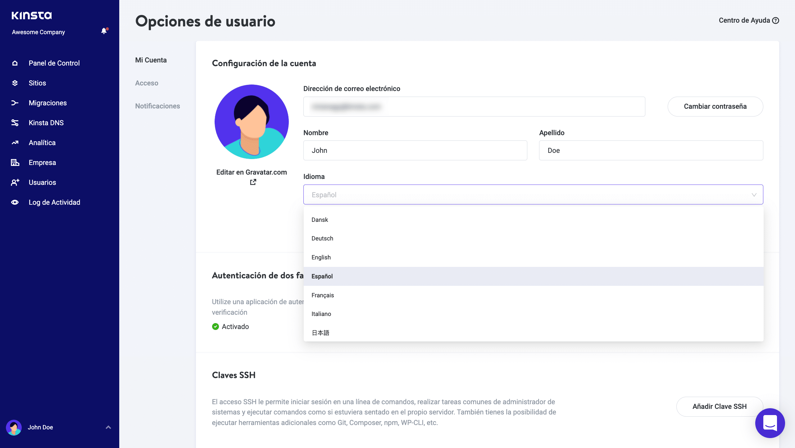 Cambiar idioma en MyKinsta