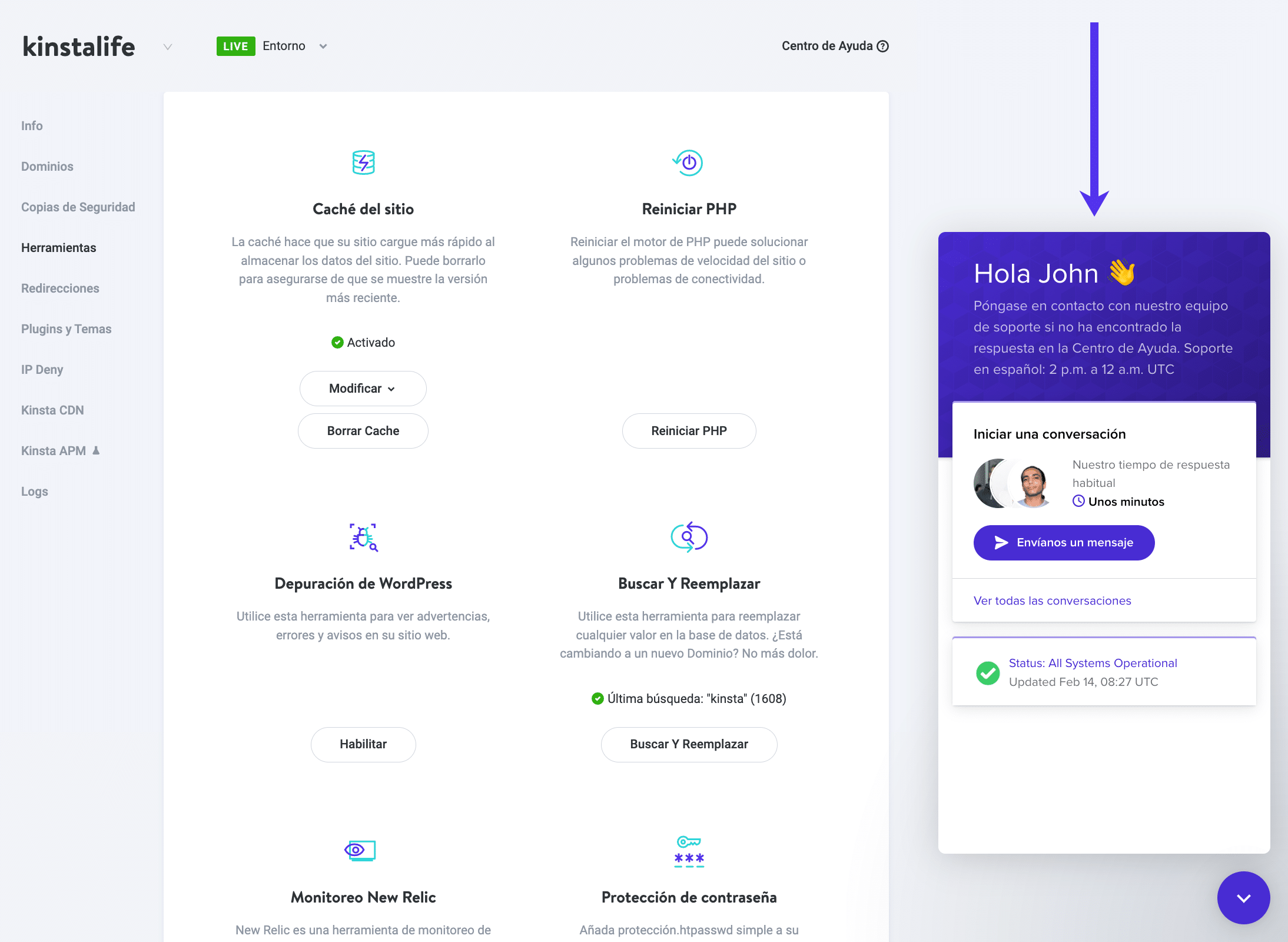 Cómo conseguir ayuda a través del Dashboard de MyKinsta